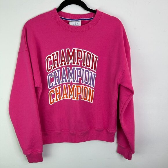 Champion Pink Crewneck Sweatshirt Stacked Logo Pullover Comfy Everyday - Picture 1 of 9